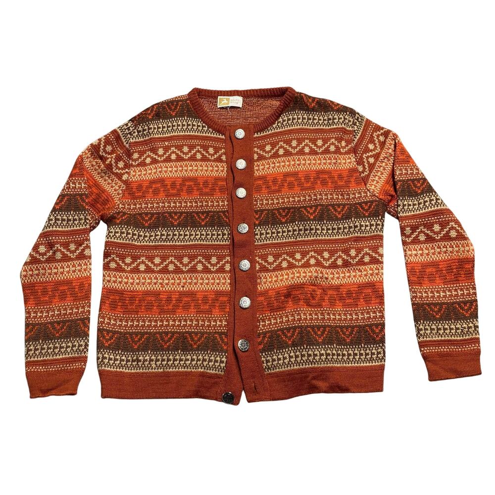 Vintage White Stag Orange Fair Isle Geometric Knit Cardigan Sweater Womens L/XL